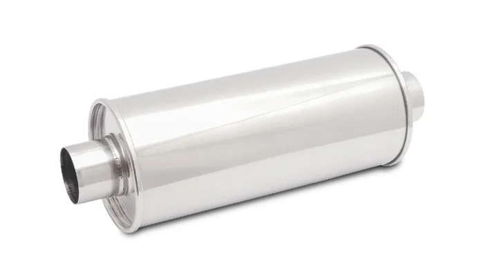 1118 – VIBRANT Exhaust Muffler, 6 Inch Diameter Round Steel Case Single 2-1/2 Inch Center Inlet Single 2-1/2 Inch Cen...